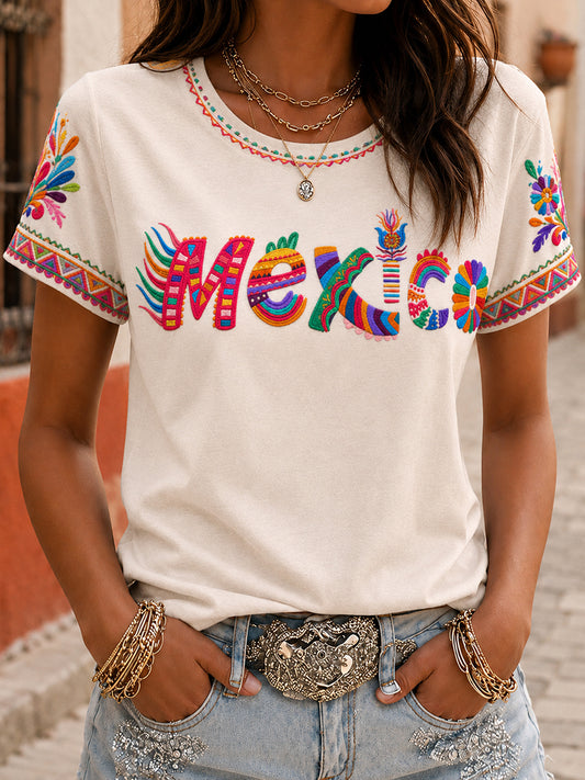 Camiseta estampada con arte mexicano de la Guelaguetza para mujer