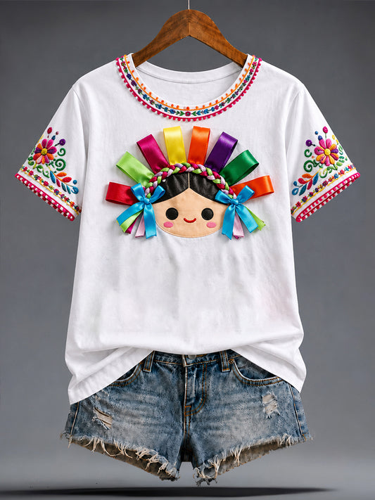 Camiseta estampada con arte de la muñeca Lele mexicana Guelaguetza para mujer