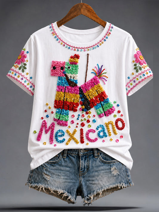 Camiseta estampada con arte mexicano de la Guelaguetza para mujer
