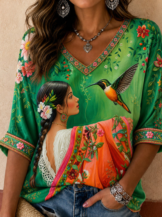 Camiseta estampada con arte mexicano de la Guelaguetza para mujer