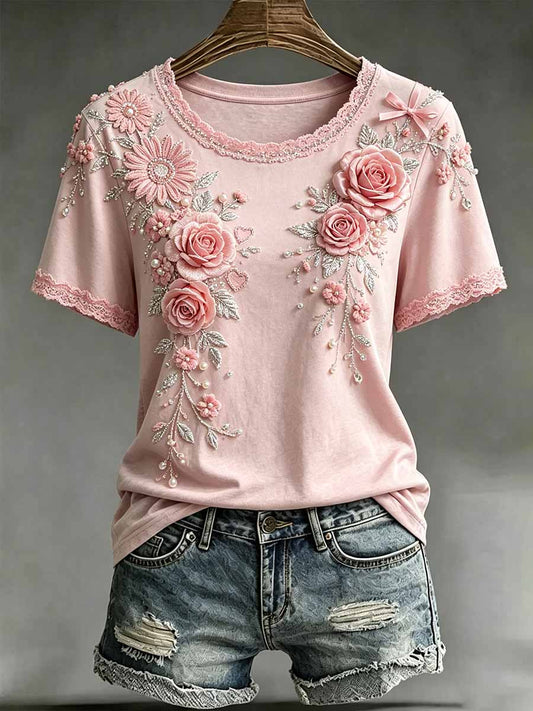 Camiseta floral rosada de la impresión de la moda de las mujeres