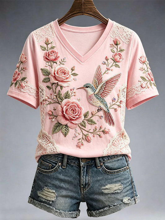 Camiseta floral rosada del arte del bordado de las mujeres