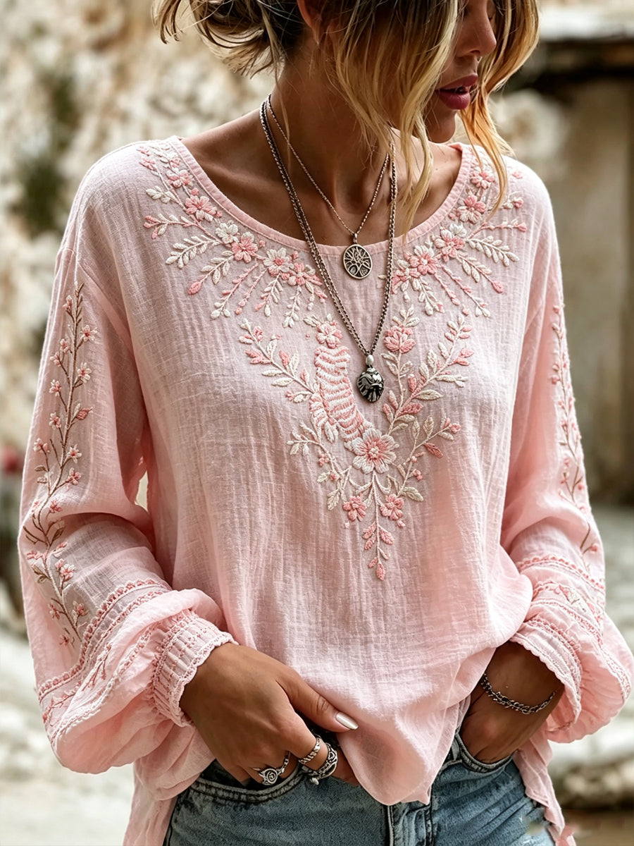 Camisa de algodón-lino con estampado de flores rosas sobre cáncer de mama femenino