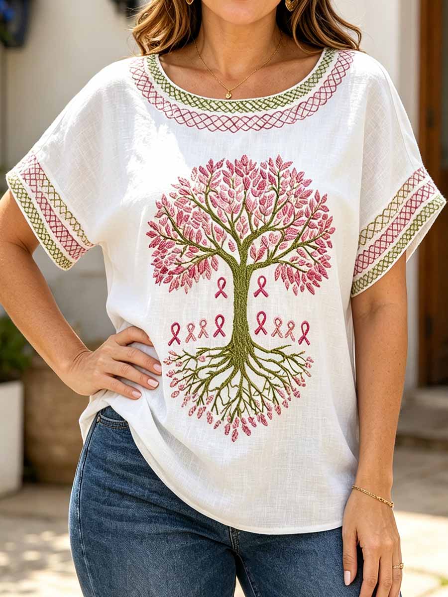 Camiseta estampada de moda para mujer en color rosa con motivo de concienciación sobre el cáncer de mama