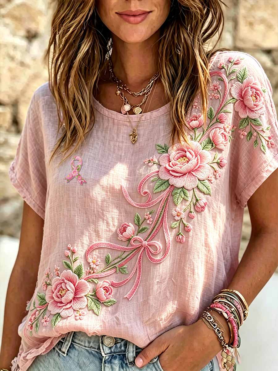 Camiseta estampada de moda para mujer en color rosa con motivo de concienciación sobre el cáncer de mama
