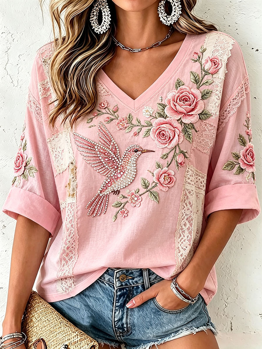 Camiseta de manga larga con cuello en V para mujer