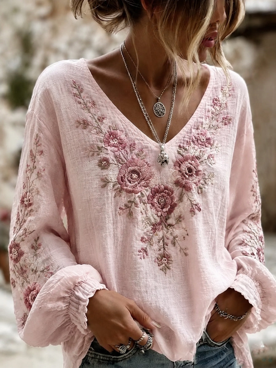 Camisa de lino de algodón con estampado de flores rosadas para mujer cáncer de mama