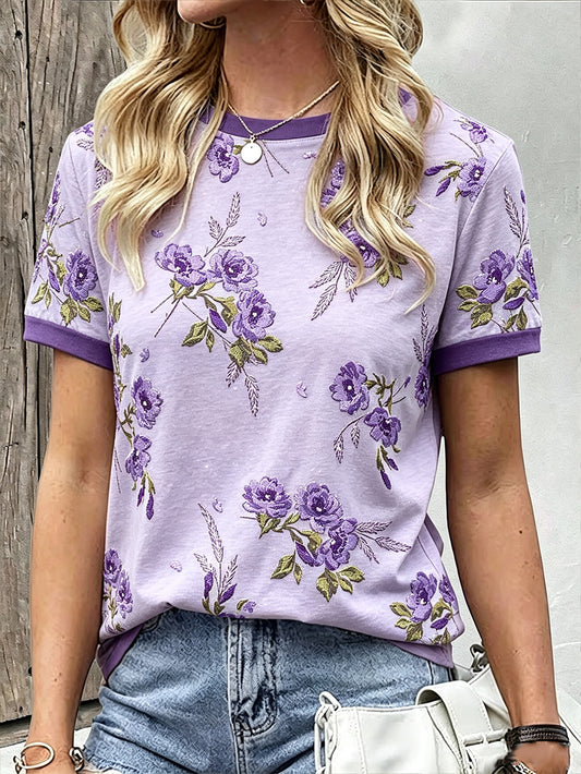 Camisa de lino de algodón casual impresa patrón de flor de planta púrpura de las mujeres