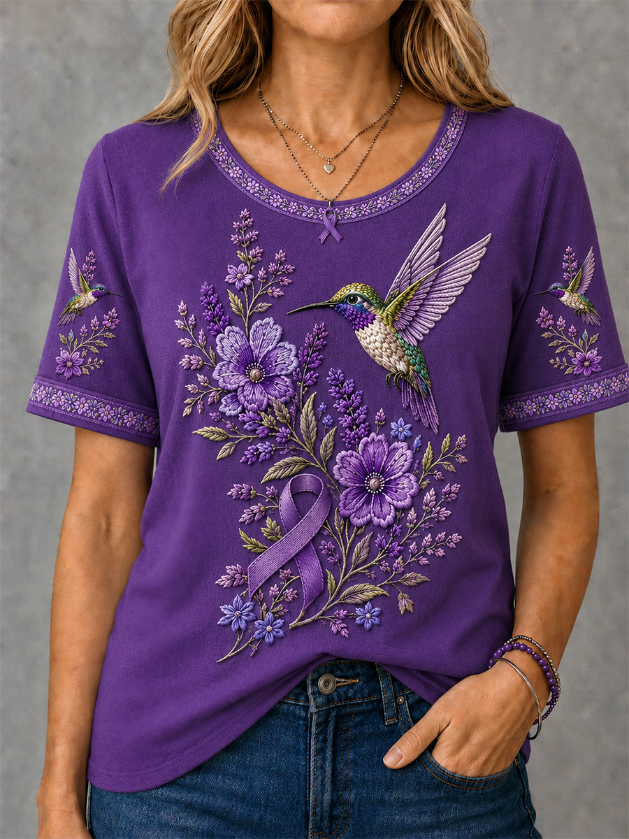 Camiseta de apoyo de conciencia de Alzheimer con estampado floral y colibrí para mujer