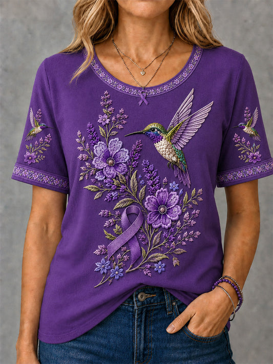 Camiseta de apoyo de conciencia de Alzheimer con estampado floral y colibrí para mujer