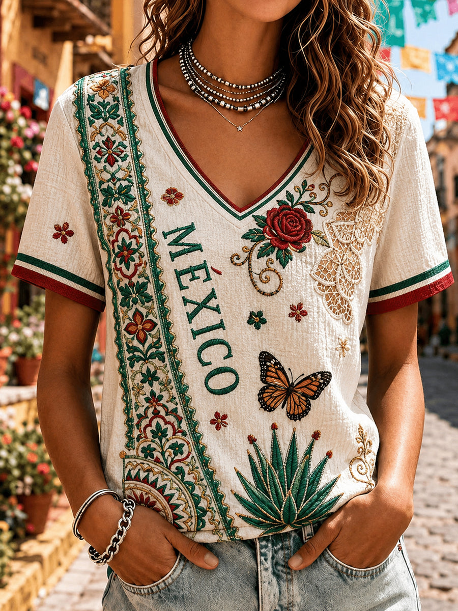 Camiseta informal de manga corta con estampado del Día de la Independencia de México para mujer