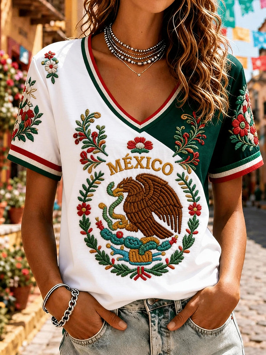 Camiseta informal de manga corta con estampado del Día de la Independencia de México para mujer
