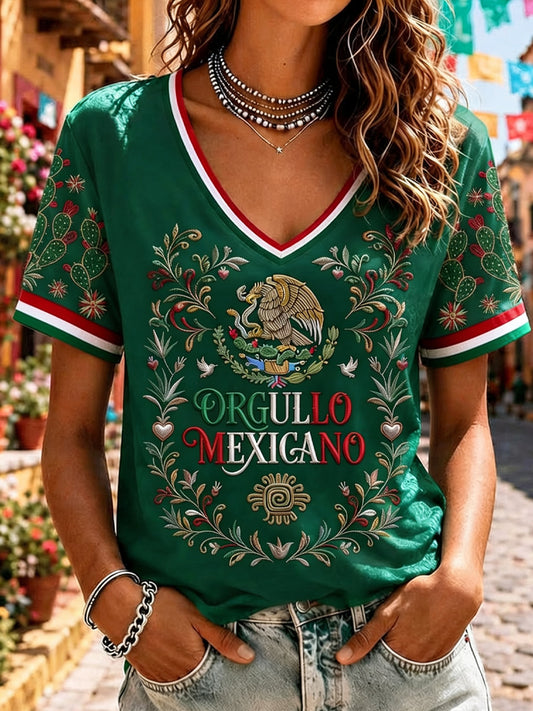 Camiseta informal de manga corta con estampado del Día de la Independencia de México para mujer