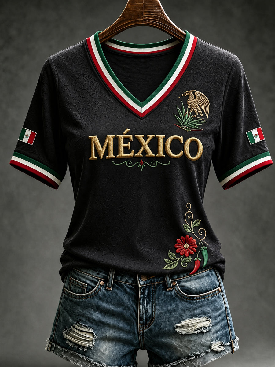 Camiseta informal de manga corta con estampado del Día de la Independencia de México para mujer