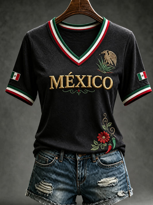 Camiseta informal de manga corta con estampado del Día de la Independencia de México para mujer