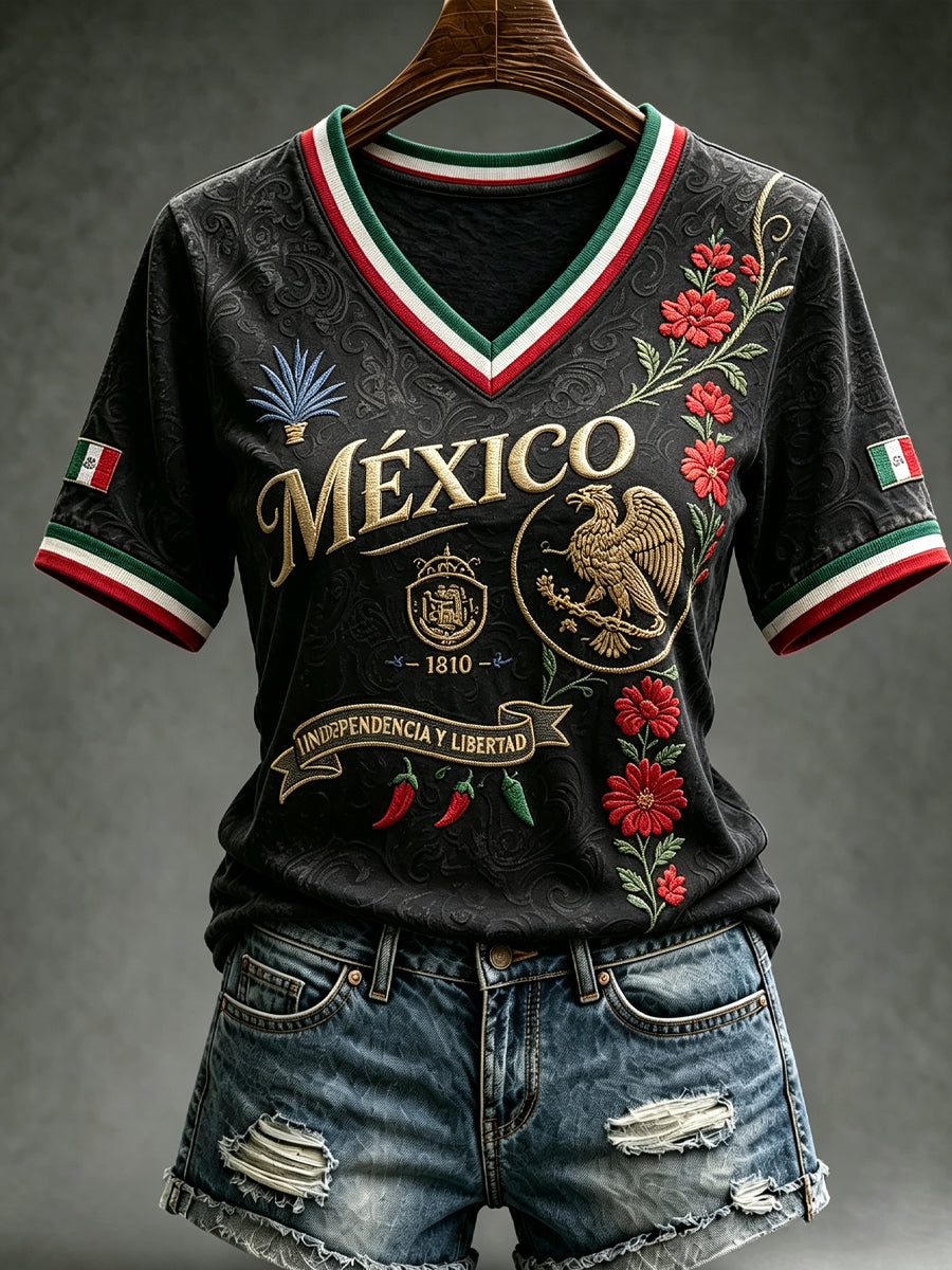 Camiseta informal de manga corta con estampado del Día de la Independencia de México para mujer