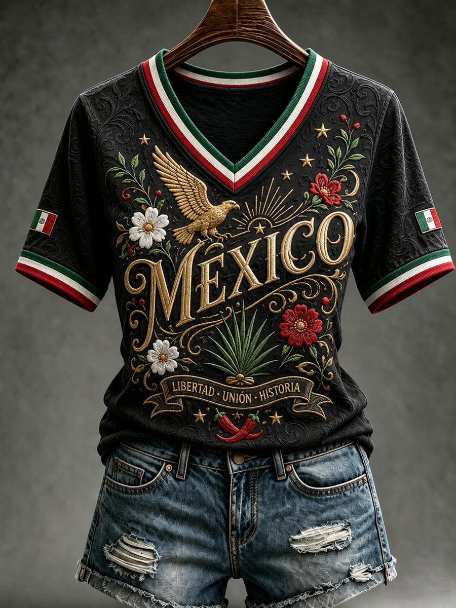 Camiseta informal de manga corta con estampado del Día de la Independencia de México para mujer