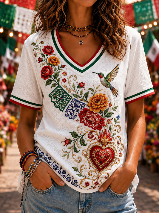 Camiseta casual de manga corta con estampado del Día de la Independencia de México para mujer