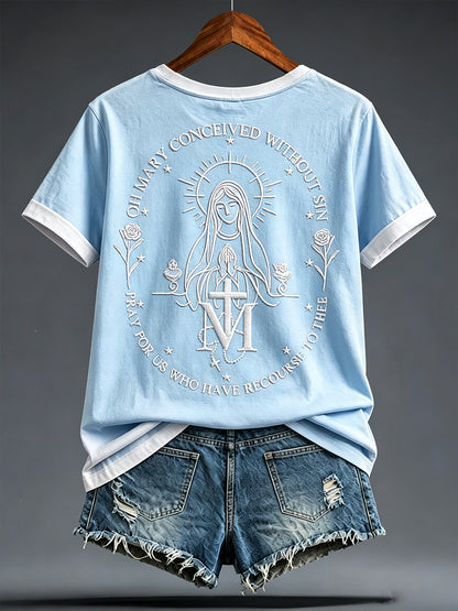 Camiseta estampada con arte religioso de la Asunción de María para mujer