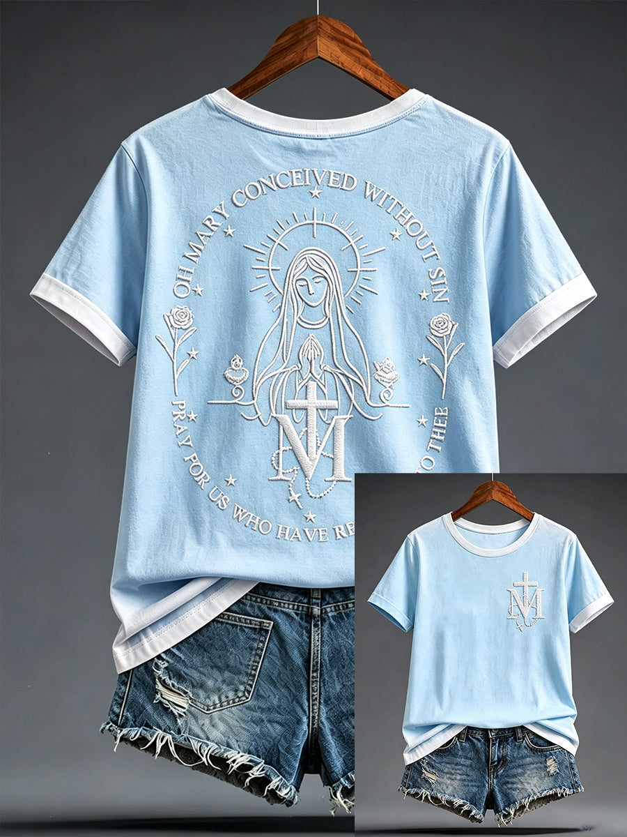 Camiseta estampada con arte religioso de la Asunción de María para mujer