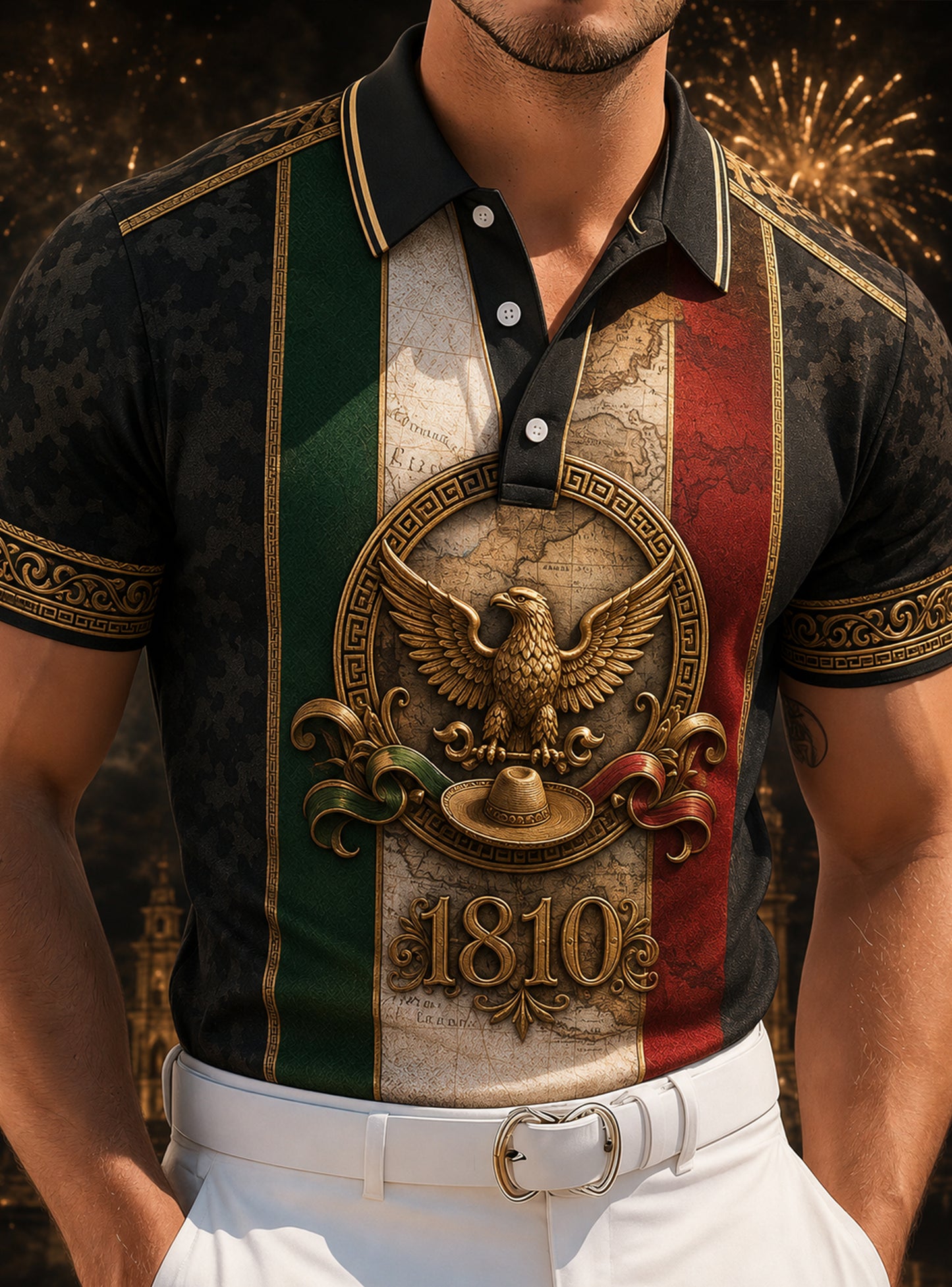 Polo conmemorativo de la impresión del arte del Día de la Independencia de México para hombres