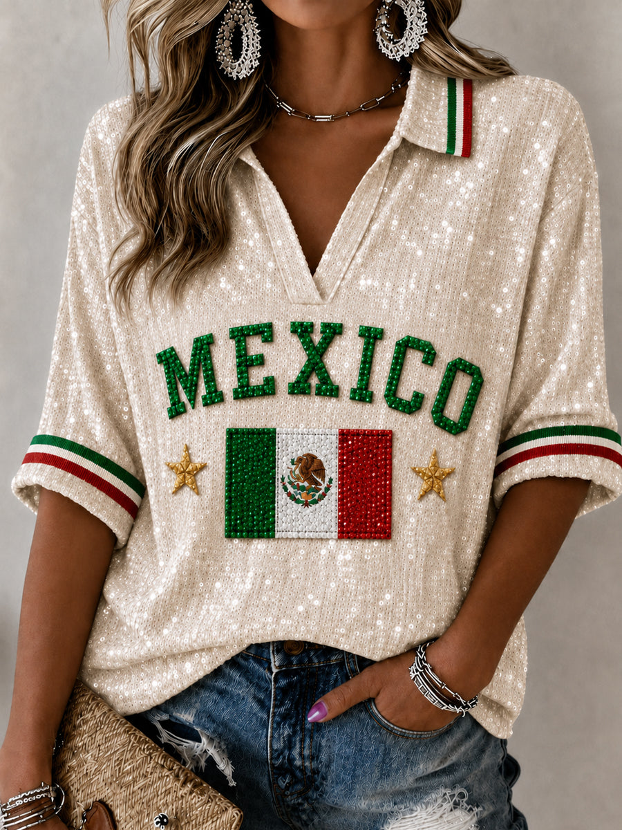 Camiseta de manga media con cuello en V y estampado de amor a México para mujer