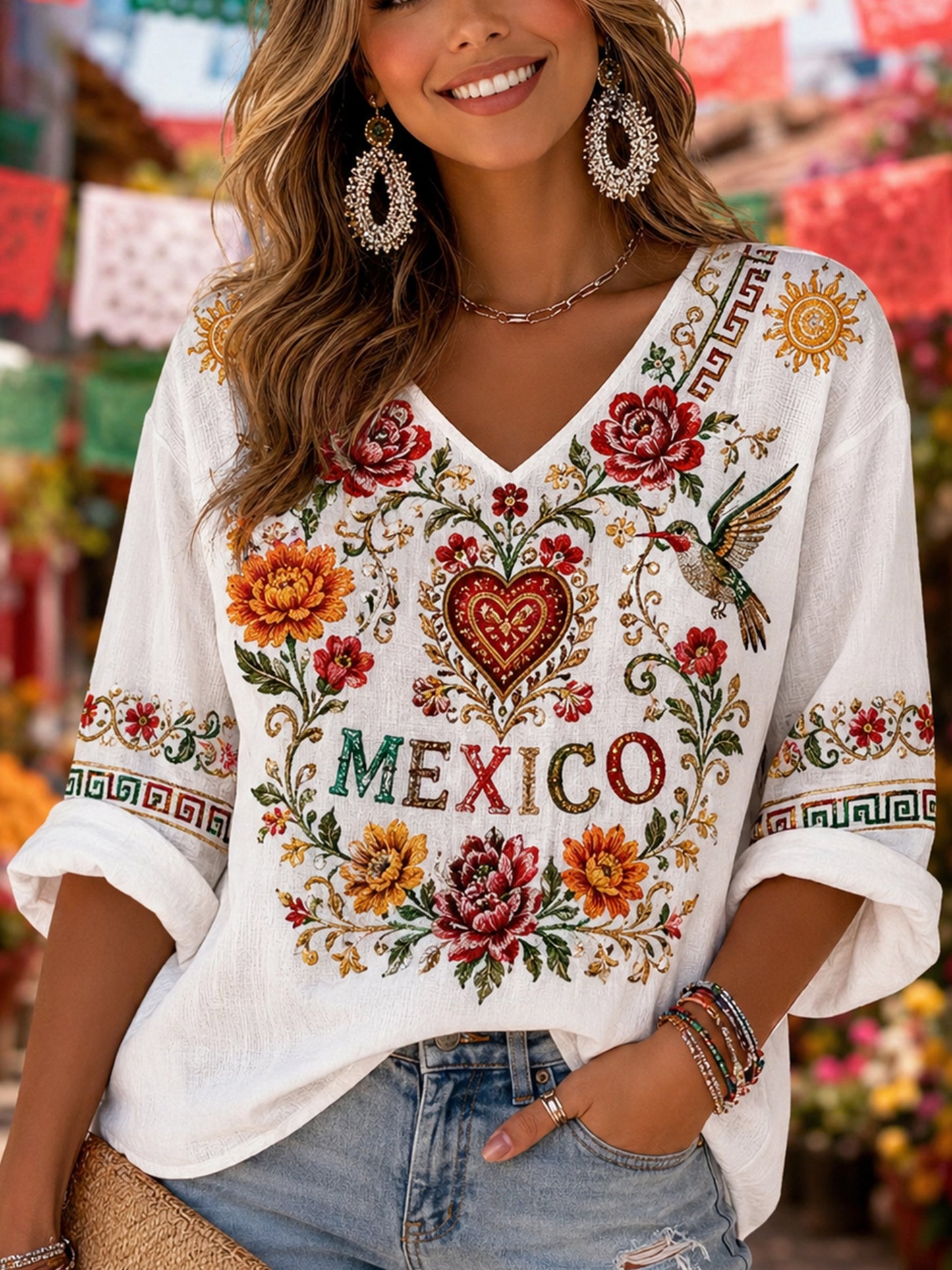 Top con cuello en V y estampado de arte conmemorativo del Día de la Independencia de México para mujer