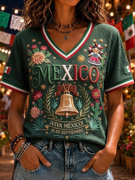 Camiseta informal de manga corta con estampado del Día de la Independencia de México para mujer