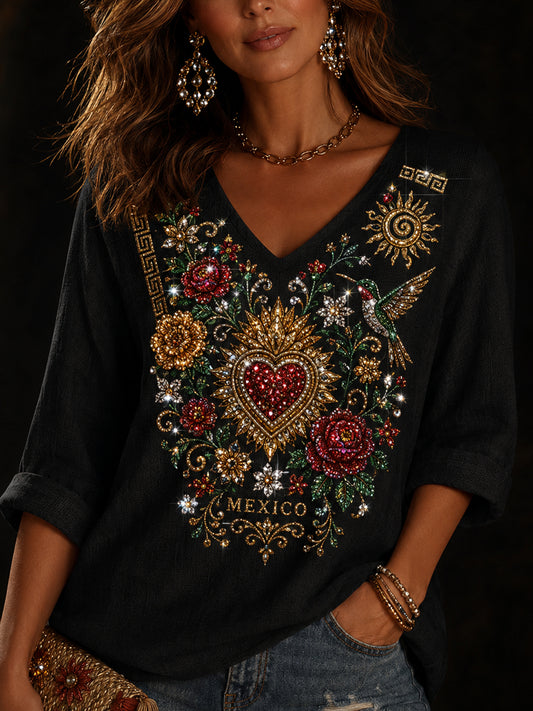 Camiseta de cuello en V con estampado artístico conmemorativo del Día de la Independencia de México para mujer