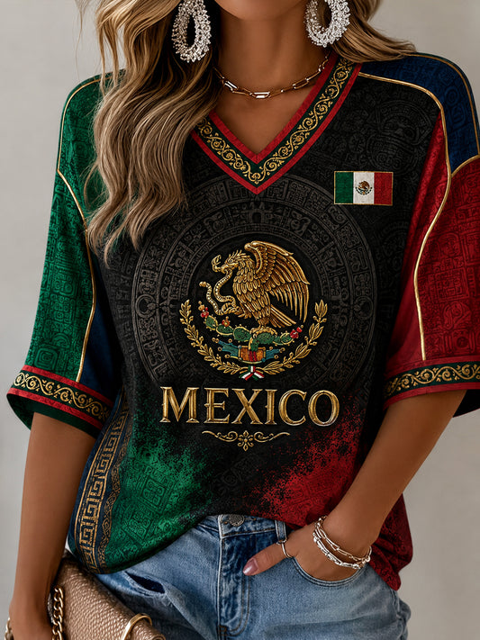 Camiseta de cuello en V con estampado artístico conmemorativo del Día de la Independencia de México para mujer