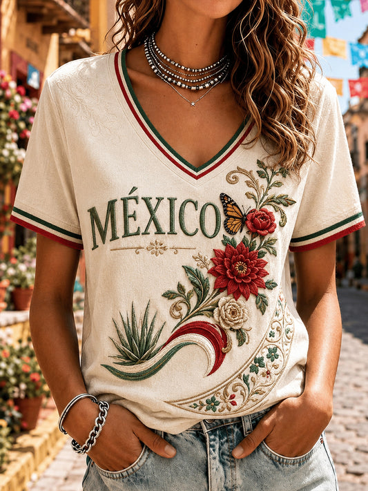 Camiseta informal de manga corta con estampado del Día de la Independencia de México para mujer