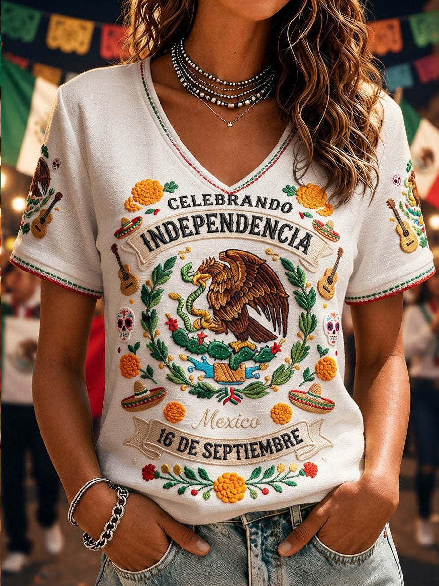 Camiseta informal de manga corta con estampado del Día de la Independencia de México para mujer