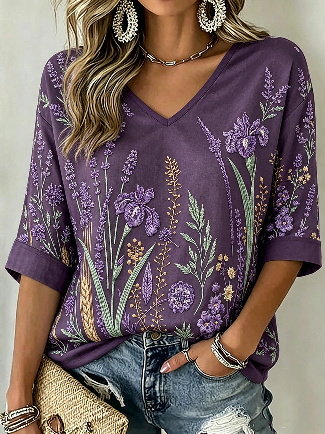 Patrón de la planta púrpura de las mujeres impreso de mediados de-longitud mangas con cuello en V camiseta