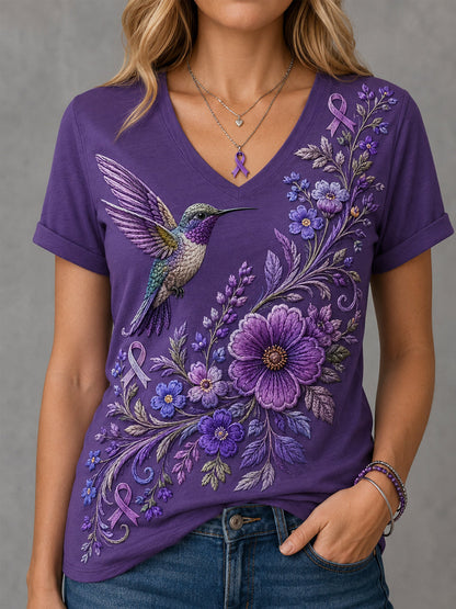 Mujer Púrpura Floral & Hummingbird Print Alzheimer's Awareness Support V-Neck Tee