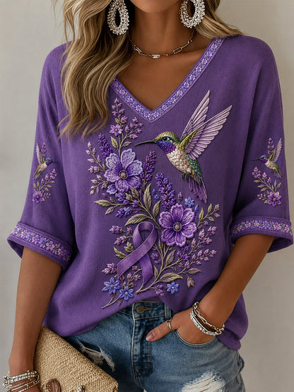 Camiseta de media manga con cuello en V, diseño floral púrpura y colibríes, concienciación sobre la enfermedad de Alzheimer, para mujer