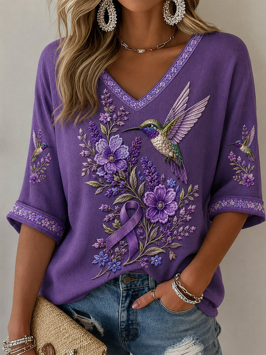 Camiseta de media manga con cuello en V, diseño floral púrpura y colibríes, concienciación sobre la enfermedad de Alzheimer, para mujer