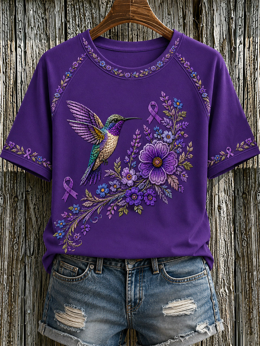 Camiseta de apoyo para la concienciación sobre el Alzheimer, con estampado floral púrpura y colibríes para mujer