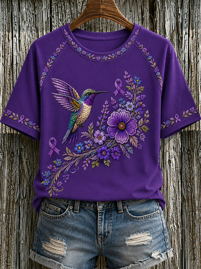 Camiseta de apoyo para la concienciación sobre el Alzheimer, con estampado floral púrpura y colibríes para mujer