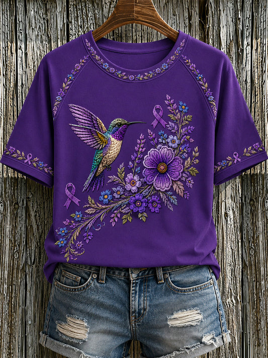 Camiseta de apoyo para la concienciación sobre el Alzheimer, con estampado floral púrpura y colibríes para mujer