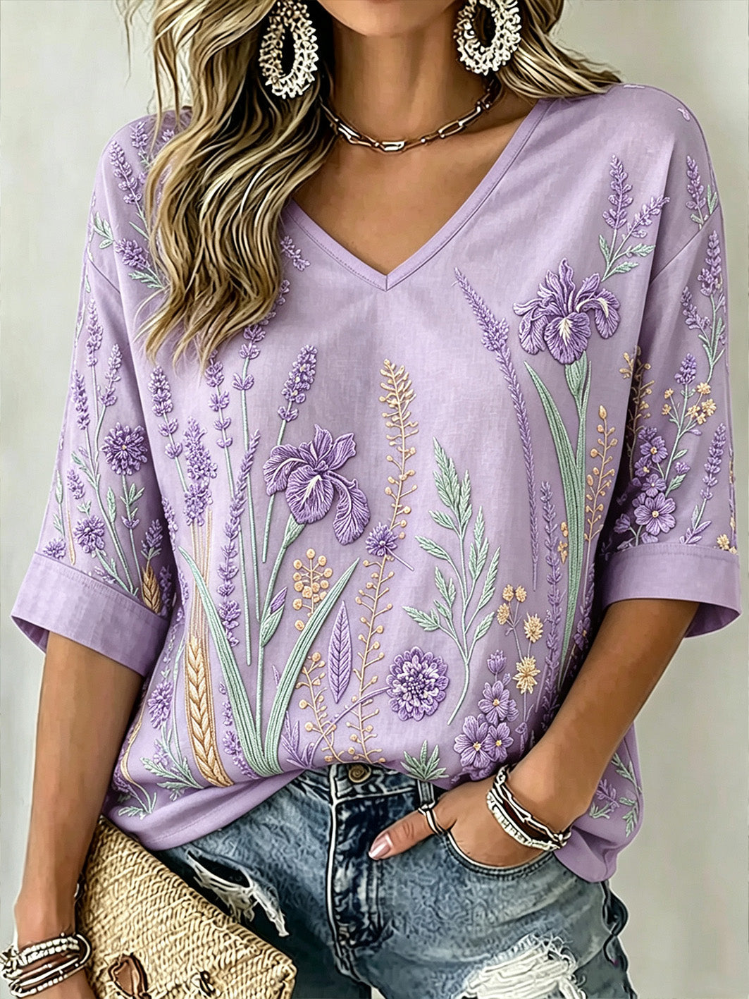 Patrón de la planta púrpura de las mujeres impreso de mediados de-longitud mangas con cuello en V camiseta