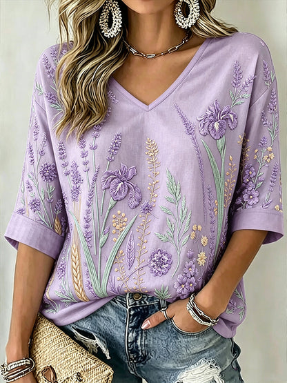 Patrón de la planta púrpura de las mujeres impreso de mediados de-longitud mangas con cuello en V camiseta