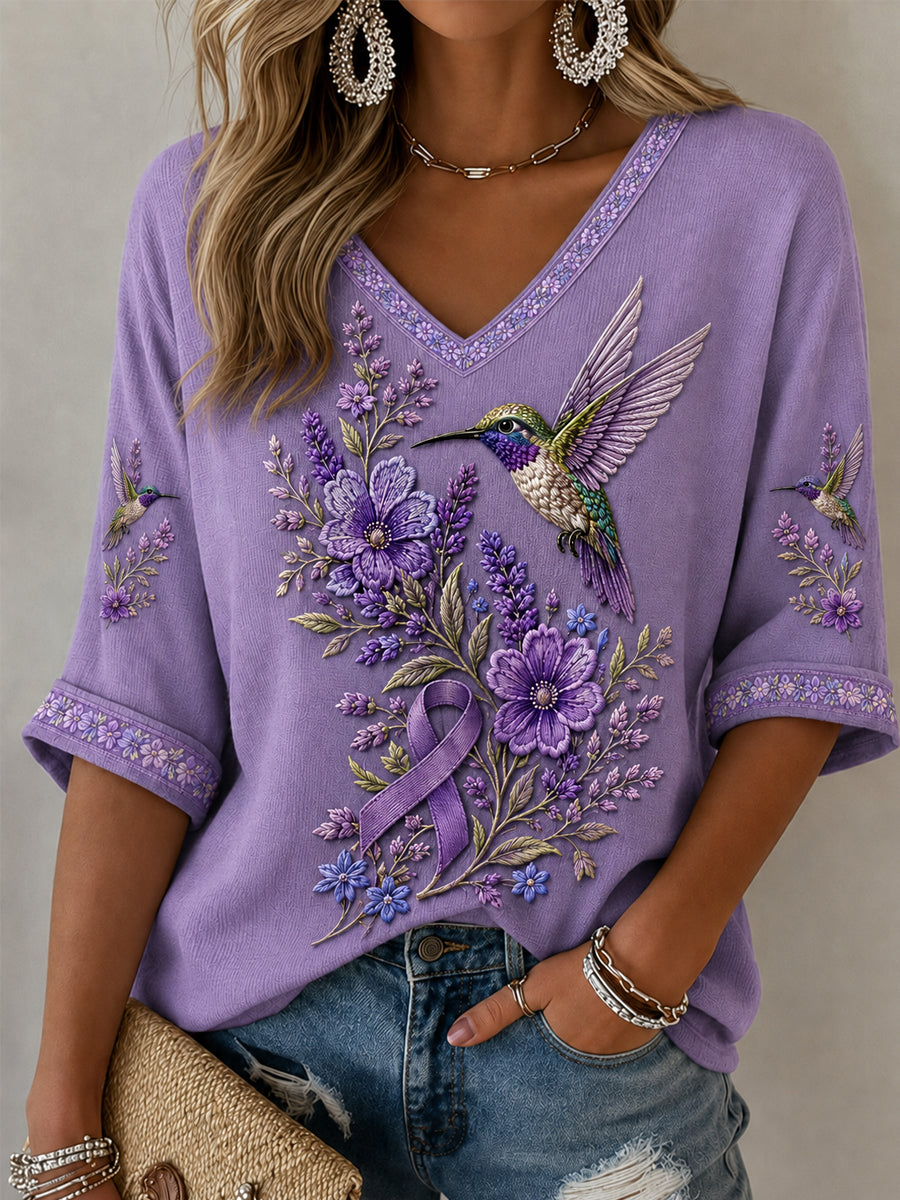 Camiseta de media manga con cuello en V, diseño floral púrpura y colibríes, concienciación sobre la enfermedad de Alzheimer, para mujer