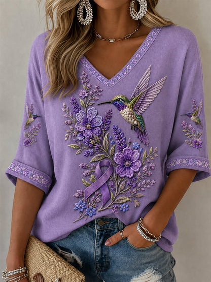 Camiseta de media manga con cuello en V, diseño floral púrpura y colibríes, concienciación sobre la enfermedad de Alzheimer, para mujer
