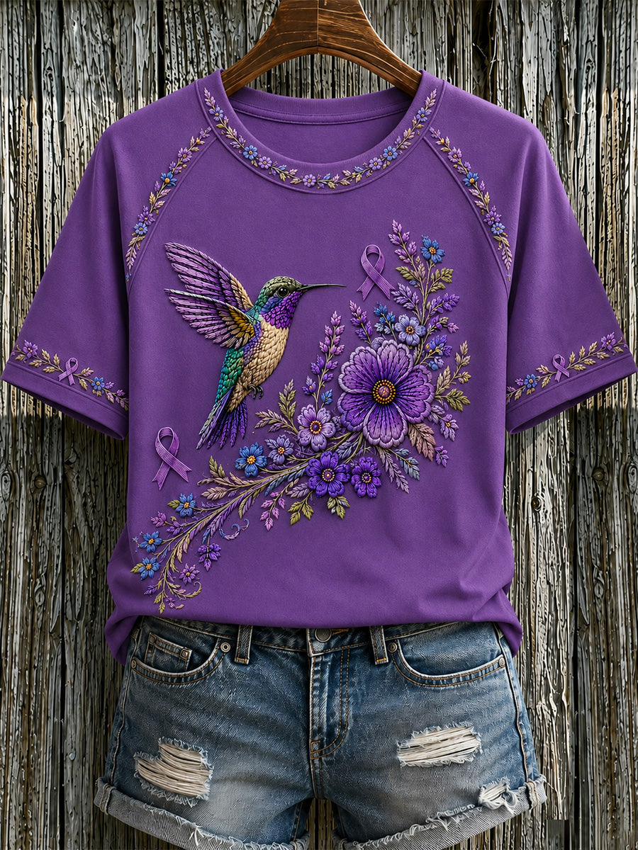 Camiseta de apoyo para la concienciación sobre el Alzheimer, con estampado floral púrpura y colibríes para mujer