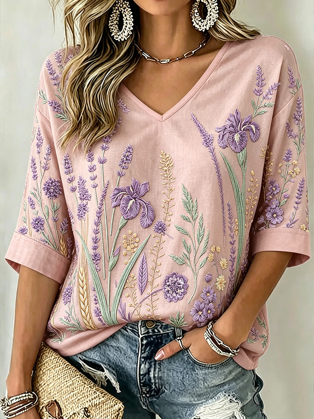 Patrón de la planta púrpura de las mujeres impreso de mediados de-longitud mangas con cuello en V camiseta