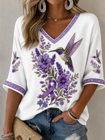 Camiseta de media manga con cuello en V, diseño floral púrpura y colibríes, concienciación sobre la enfermedad de Alzheimer, para mujer
