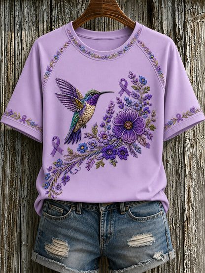 Camiseta de apoyo para la concienciación sobre el Alzheimer, con estampado floral púrpura y colibríes para mujer