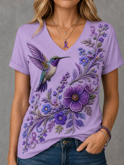 Mujer Púrpura Floral & Hummingbird Print Alzheimer's Awareness Support V-Neck Tee