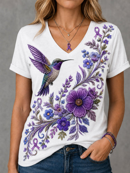 Mujer Púrpura Floral & Hummingbird Print Alzheimer's Awareness Support V-Neck Tee