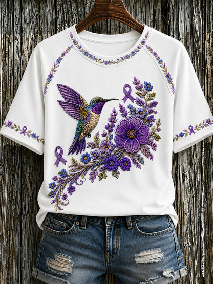 Camiseta de apoyo para la concienciación sobre el Alzheimer, con estampado floral púrpura y colibríes para mujer